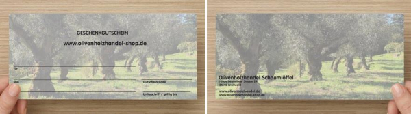 Olivenholz Geschenkgutschein Wert 50,00 Euro